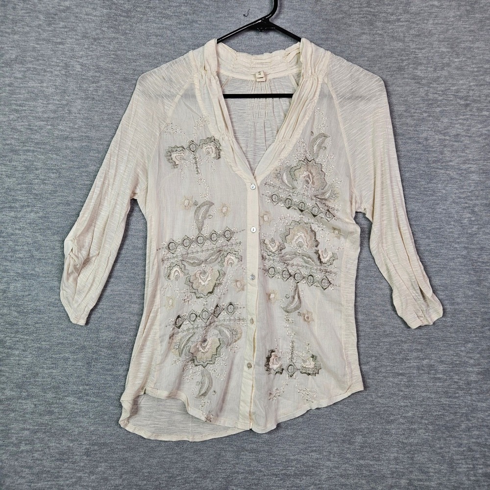 Tiny Anthropologie Womens Cream Embroidered Button up 3/4 Roll Tab Sleeve Top S